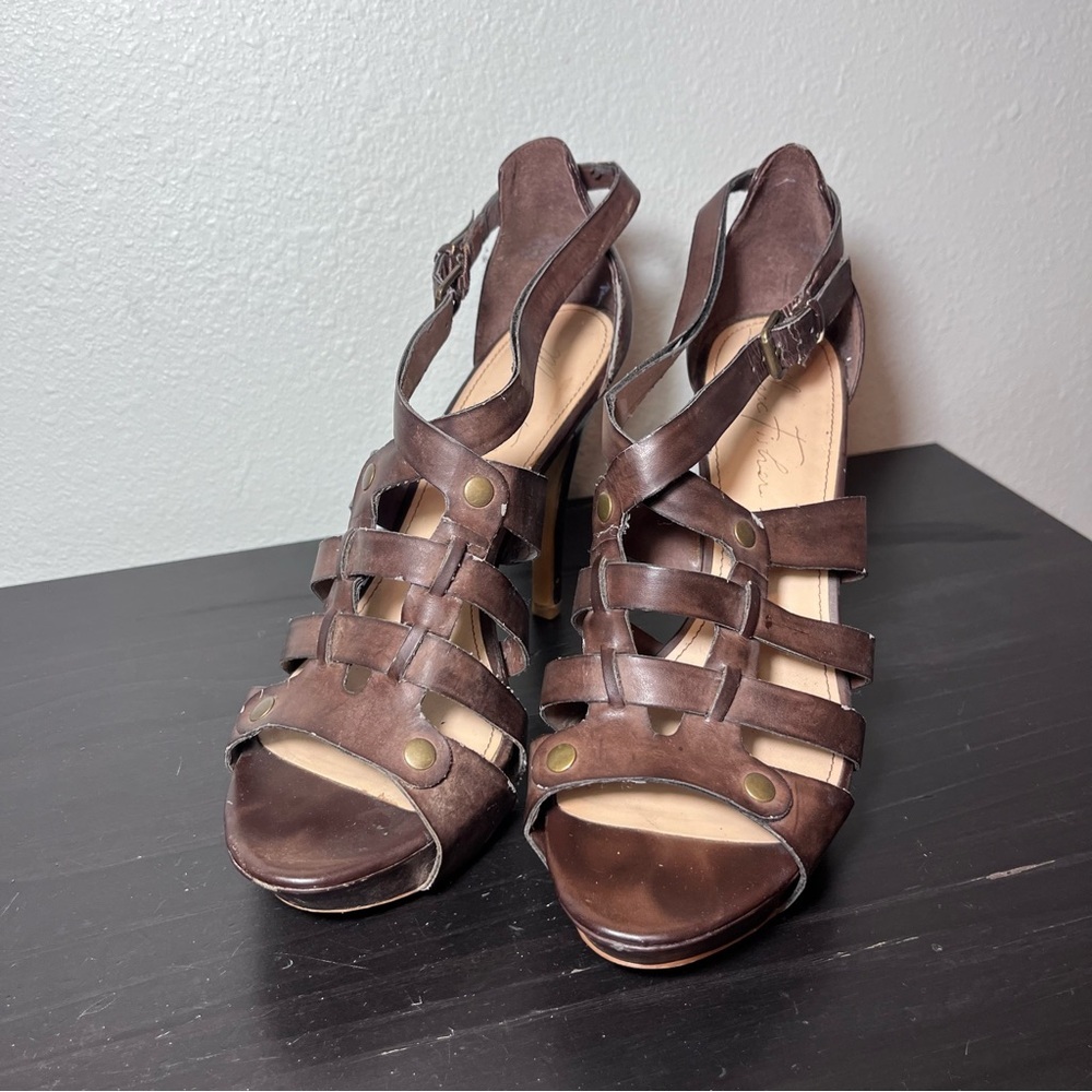 Marc Fisher Brown Leather Gladiator Platform Heels Straps Cage Sandals size 8.5 - Picture 2 of 13